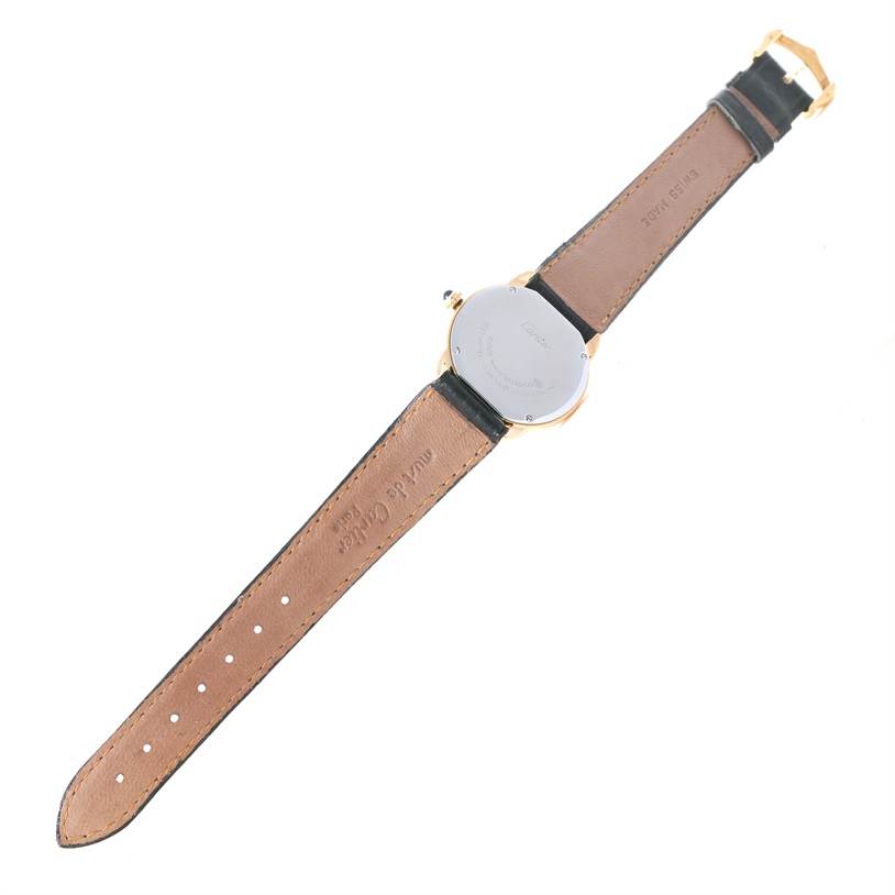 This image shows the back view of a Cartier Ronde W6700355 Women's Steel and Gold (two tone) Silver Dial W6700355 Women's Steel and Gold (two tone) Silver Dial model watch, highlighting its leather strap and case back.