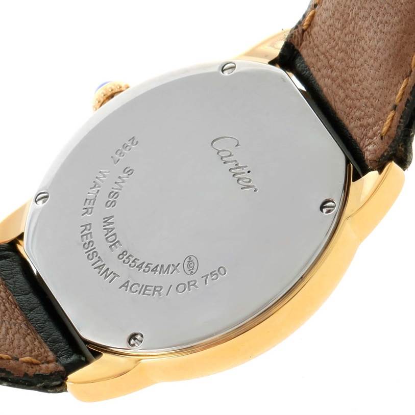 The image shows the back of a Cartier Ronde W6700355 Women's Steel and Gold (two tone) Silver Dial W6700355 Women's Steel and Gold (two tone) Silver Dial watch, featuring its case back and leather strap attachment.