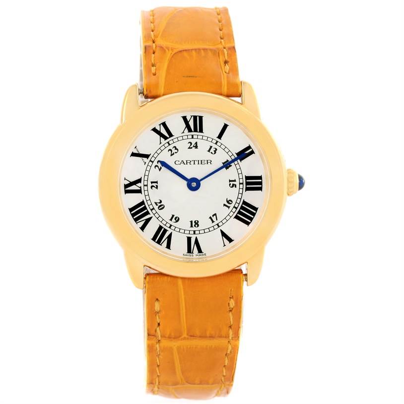 This image shows a front view of a Cartier Ronde W6700355 Women's Steel and Gold (two tone) Silver Dial W6700355 Women's Steel and Gold (two tone) Silver Dial watch with a yellow gold case and orange leather strap.