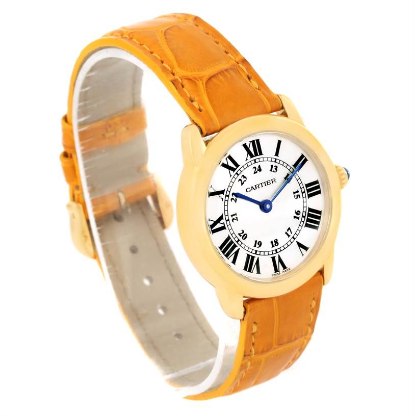 This Cartier Ronde W6700355 Women's Steel and Gold (two tone) Silver Dial W6700355 Women's Steel and Gold (two tone) Silver Dial watch is shown at a three-quarter angle, highlighting the face, case, and leather strap.