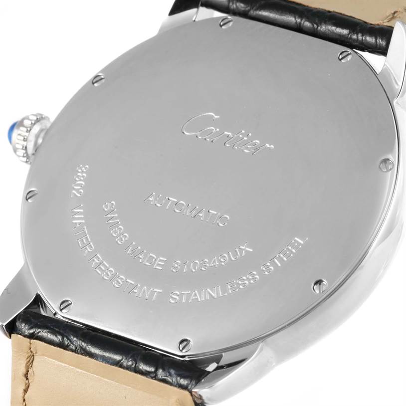 The image shows the back of the Cartier Ronde W6700255 Stainless Steel Silver Dial W6700255 Stainless Steel Silver Dial model watch, displaying the case back, leather strap, and crown.