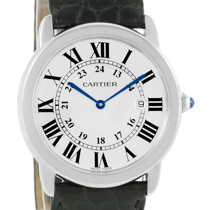 This image shows a front view of the Cartier Ronde W6700255 Stainless Steel Silver Dial W6700255 Stainless Steel Silver Dial watch displaying its face, Roman numerals, and leather strap.