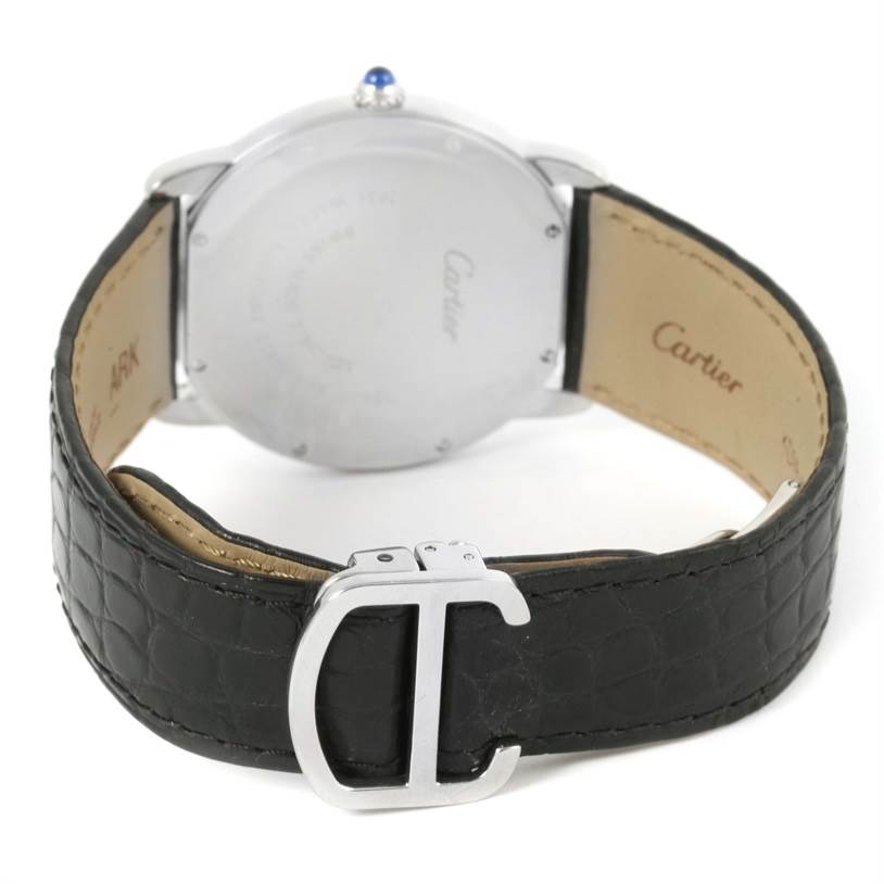 The image shows the back of a Cartier Ronde W6700255 Stainless Steel Silver Dial W6700255 Stainless Steel Silver Dial watch, highlighting the leather strap and buckle.
