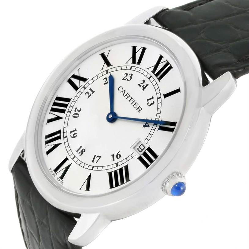 The image shows a close-up angle of a Cartier Ronde W6700255 Stainless Steel Silver Dial W6700255 Stainless Steel Silver Dial watch face, crown, and part of the black leather strap.