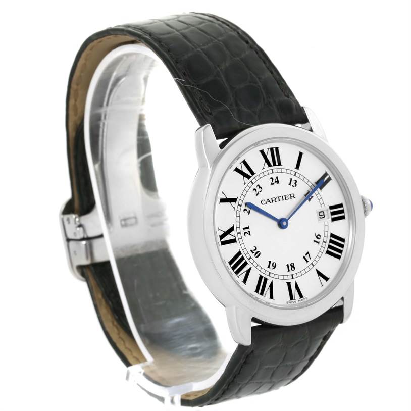 This Cartier Ronde W6700255 Stainless Steel Silver Dial W6700255 Stainless Steel Silver Dial model watch is displayed at a slight angle showcasing the face, dial, case, and strap.