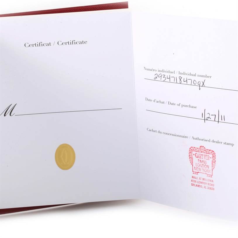 The image shows an open certificate for a Ronde model by Cartier, displaying purchase details and an authorized dealer stamp.