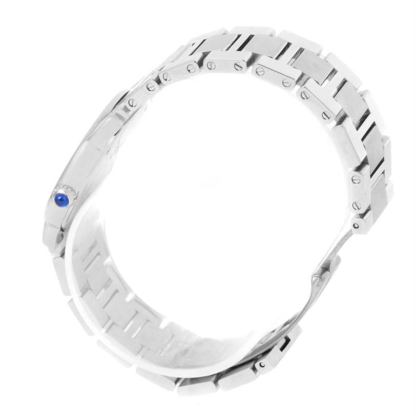 This image shows the band and clasp system of a Cartier Ronde W6701004 Women
s Stainless Steel Silver Dial W6701004 Women
s Stainless Steel Silver Dial model watch, viewed from an angled side perspective.