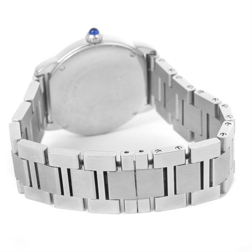 The image shows the back view of the Cartier Ronde W6701004 Women
s Stainless Steel Silver Dial W6701004 Women
s Stainless Steel Silver Dial watch, highlighting its case back and metal bracelet.