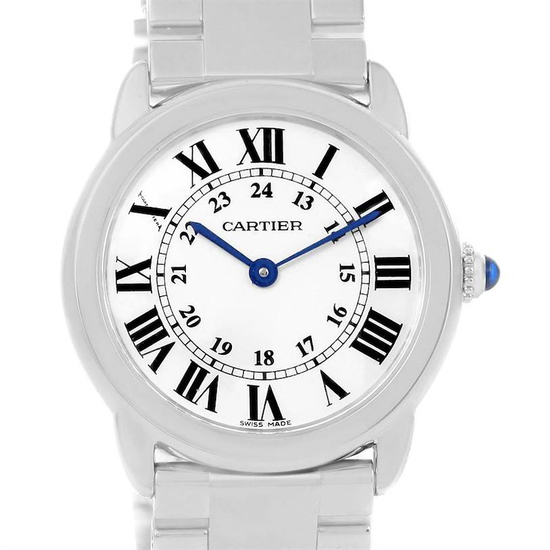 The image shows a front view of the Ronde model watch by Cartier, displaying the white dial with Roman numerals and blue hands.