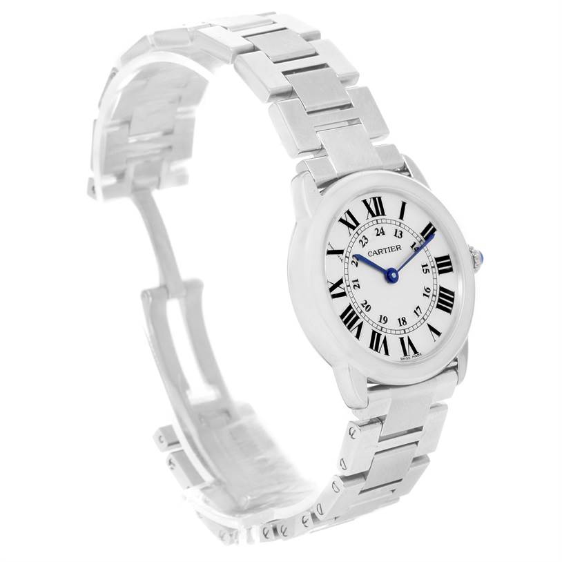 The image shows a side angle view of the Cartier Ronde W6701004 Women
s Stainless Steel Silver Dial W6701004 Women
s Stainless Steel Silver Dial model watch, highlighting its face, bracelet, and partially opened clasp.