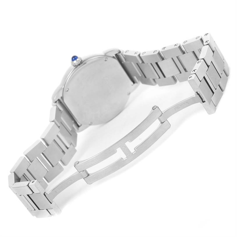 The image shows the rear view of the Cartier Ronde W6701004 Women
s Stainless Steel Silver Dial W6701004 Women
s Stainless Steel Silver Dial watch, highlighting its metal bracelet and clasp.
