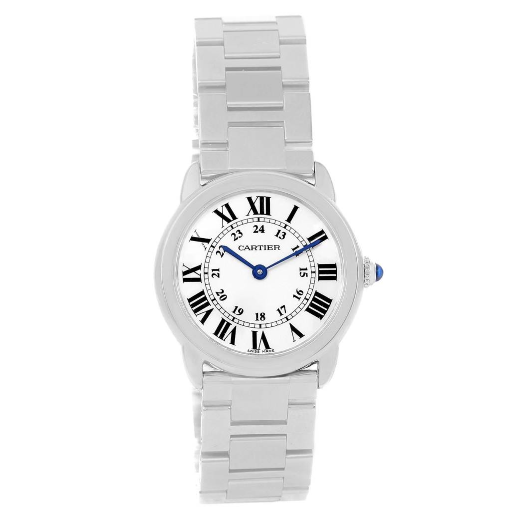 The image shows a Cartier Ronde W6701004 Women
s Stainless Steel Silver Dial W6701004 Women
s Stainless Steel Silver Dial model watch from a front angle, displaying the dial, bracelet, and crown.