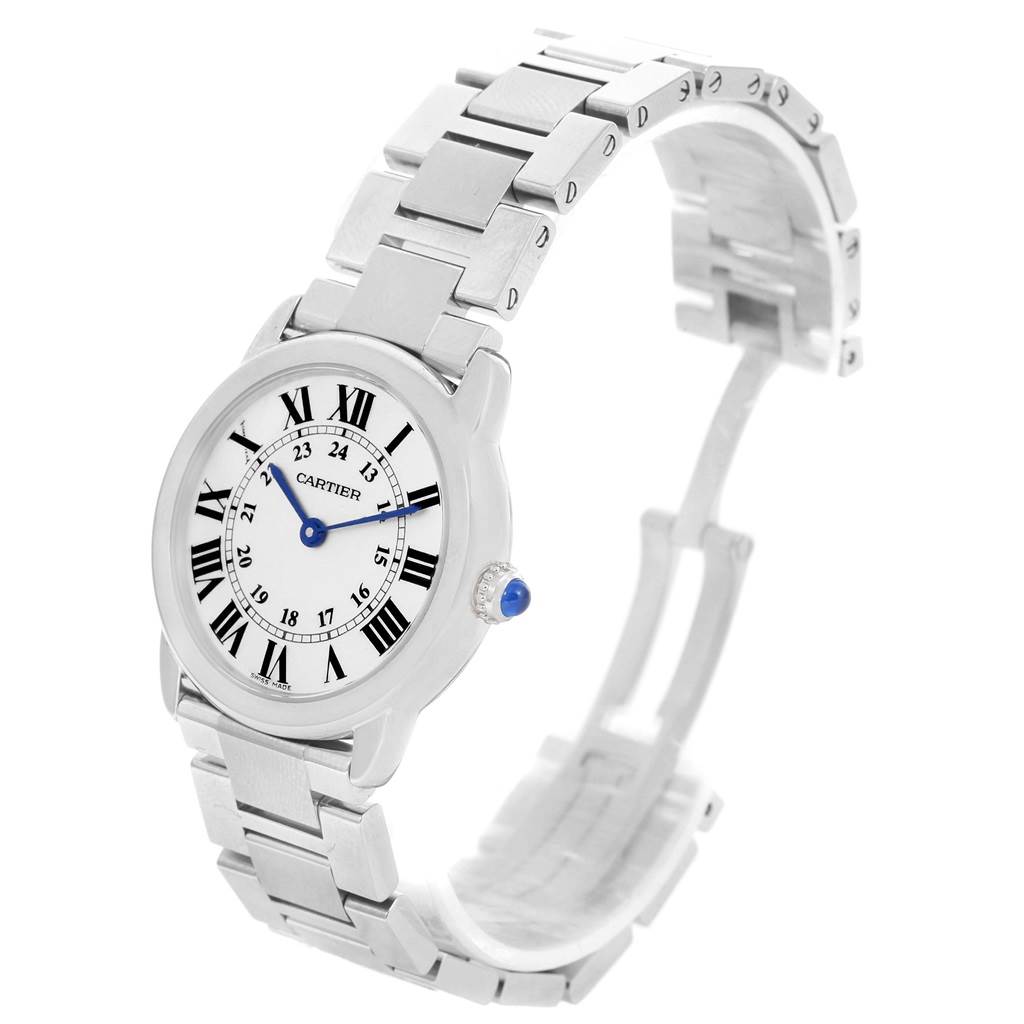 The Cartier Ronde W6701004 Women's Stainless Steel Silver Dial W6701004 Women's Stainless Steel Silver Dial watch is shown at a diagonal angle, showcasing the dial, bracelet, and crown with a blue cabochon.