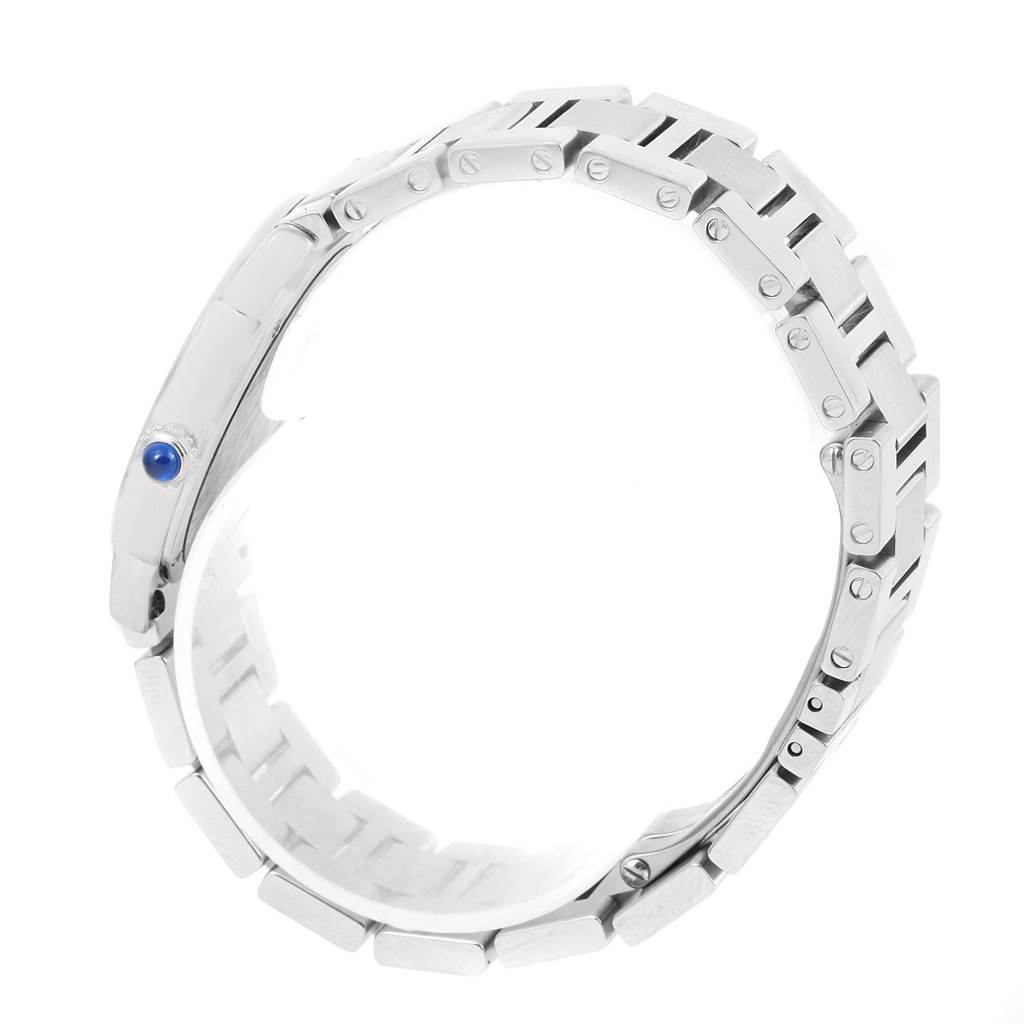 The image shows a side view of the Cartier Ronde W6701004 Women
s Stainless Steel Silver Dial W6701004 Women
s Stainless Steel Silver Dial model watch, focusing on the bracelet and crown details.