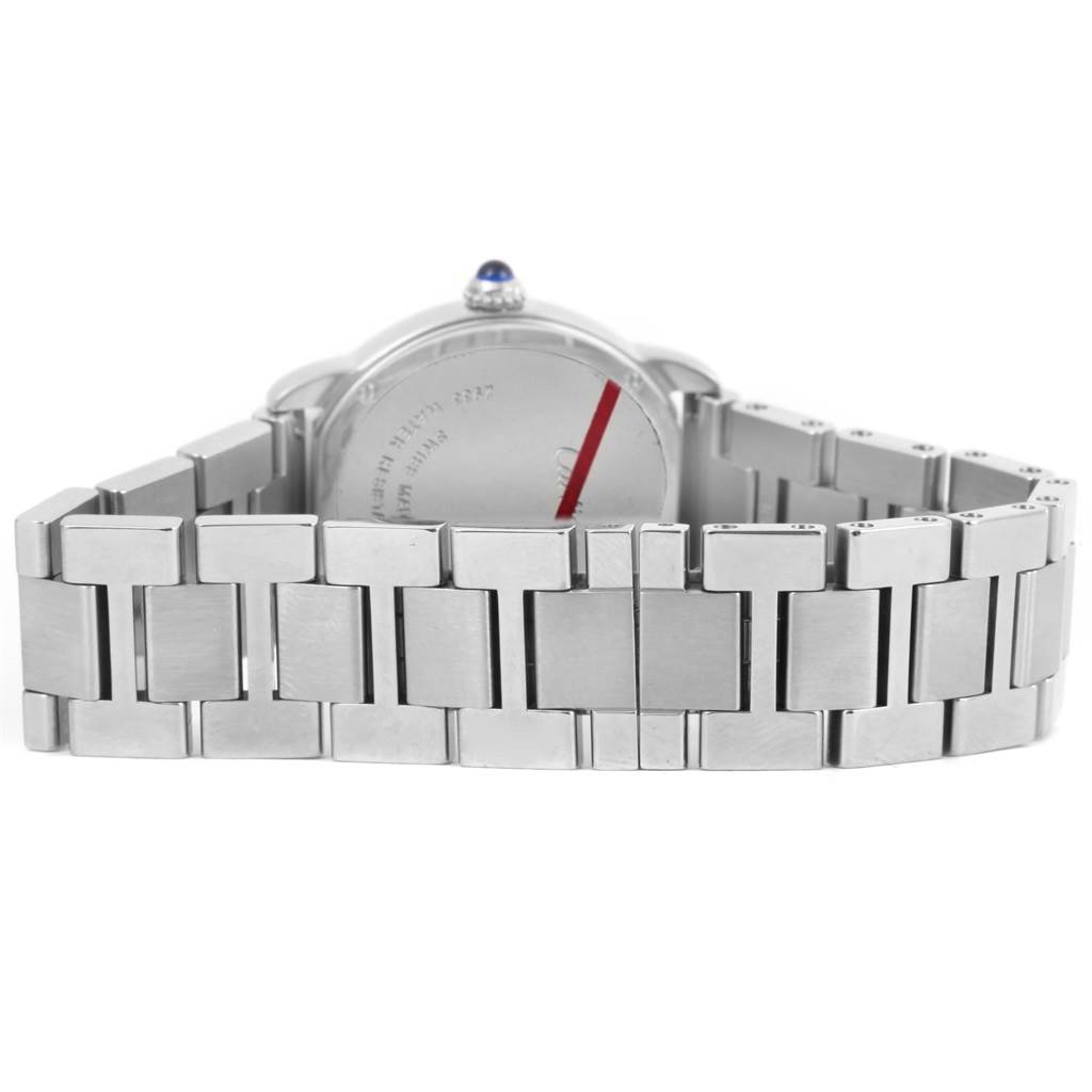 The image shows the back view of the Cartier Ronde W6701004 Women
s Stainless Steel Silver Dial W6701004 Women
s Stainless Steel Silver Dial model watch, focusing on its metal bracelet and case back.