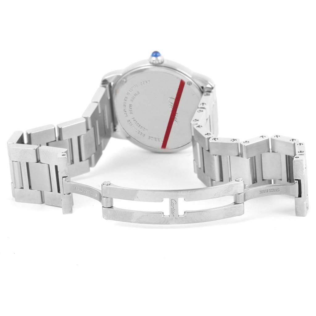 The image shows the back view of a Cartier Ronde W6701004 Women's Stainless Steel Silver Dial W6701004 Women's Stainless Steel Silver Dial model watch with its bracelet fully opened and clasp visible.