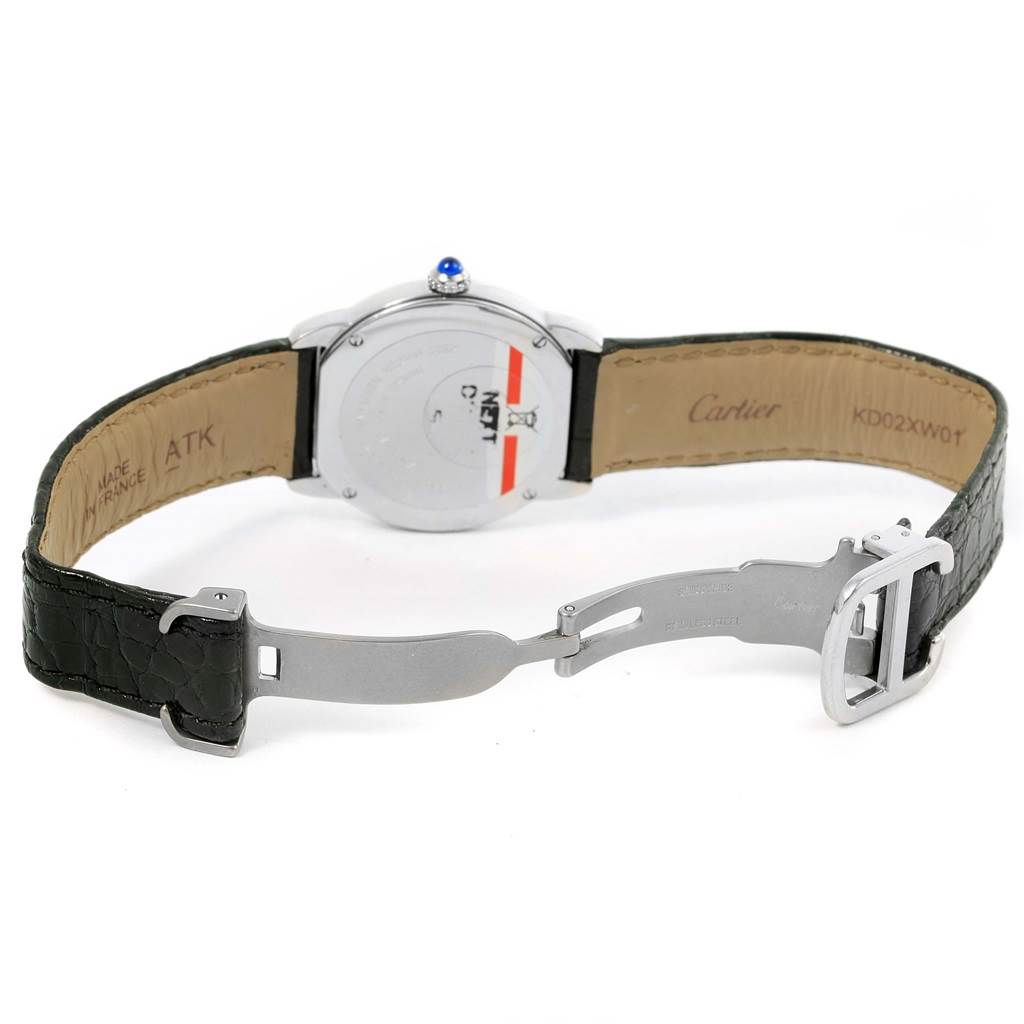 This image shows the open clasp, back case, and inner strap of the Cartier Ronde W6700155 Women's Stainless Steel Silver Dial W6700155 Women's Stainless Steel Silver Dial watch.