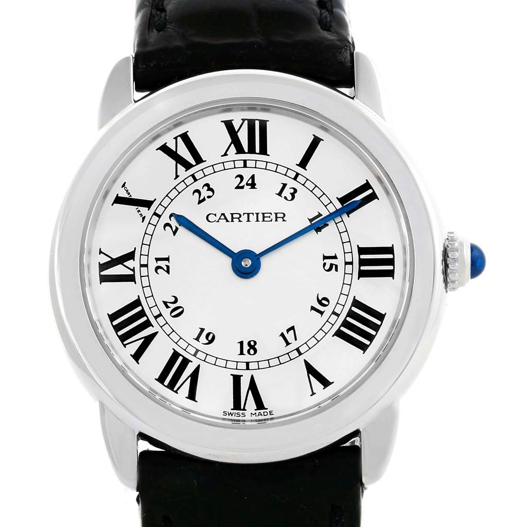 The image shows a frontal view of a Cartier Ronde W6700155 Women's Stainless Steel Silver Dial W6700155 Women's Stainless Steel Silver Dial watch, featuring its face, Roman numerals, and leather strap.