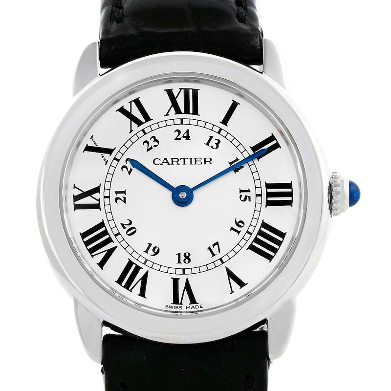 The image shows a frontal view of a Cartier Ronde watch, featuring its face, Roman numerals, and leather strap.