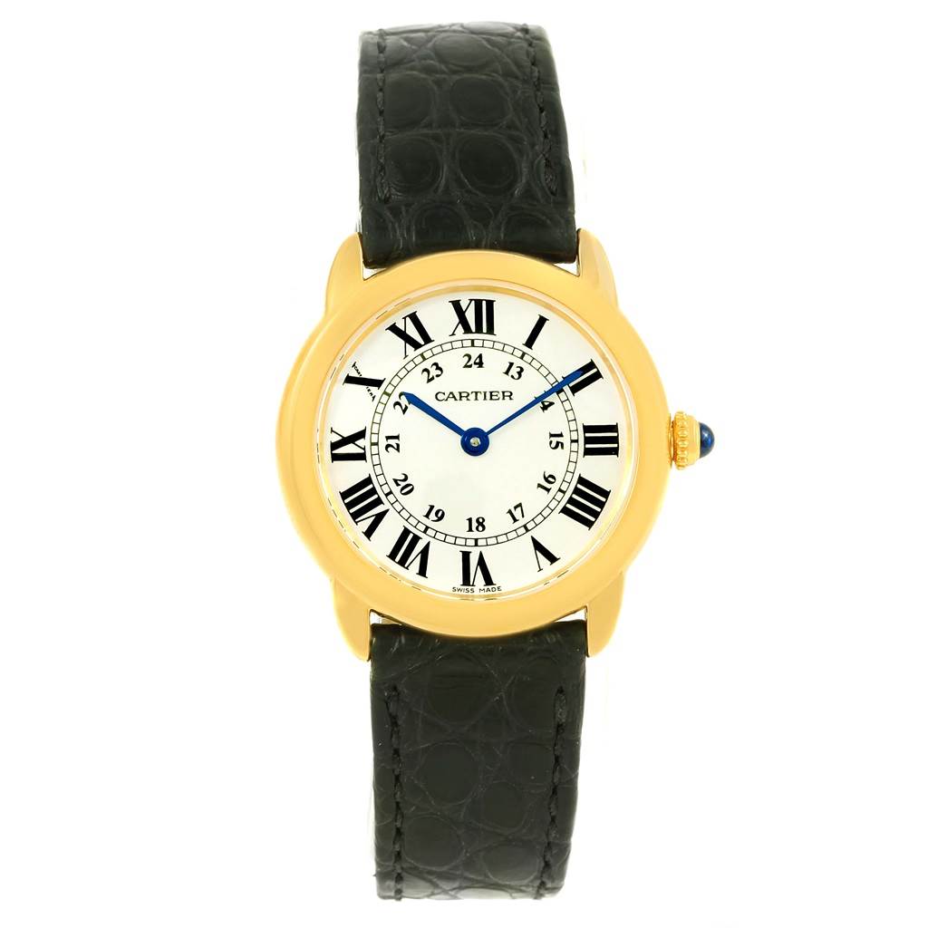 This image shows a front view of the Cartier Ronde W6700355 Women
s Steel and Gold (two tone) Silver Dial W6700355 Women
s Steel and Gold (two tone) Silver Dial watch, highlighting its black leather strap, gold case, and Roman numeral dial.