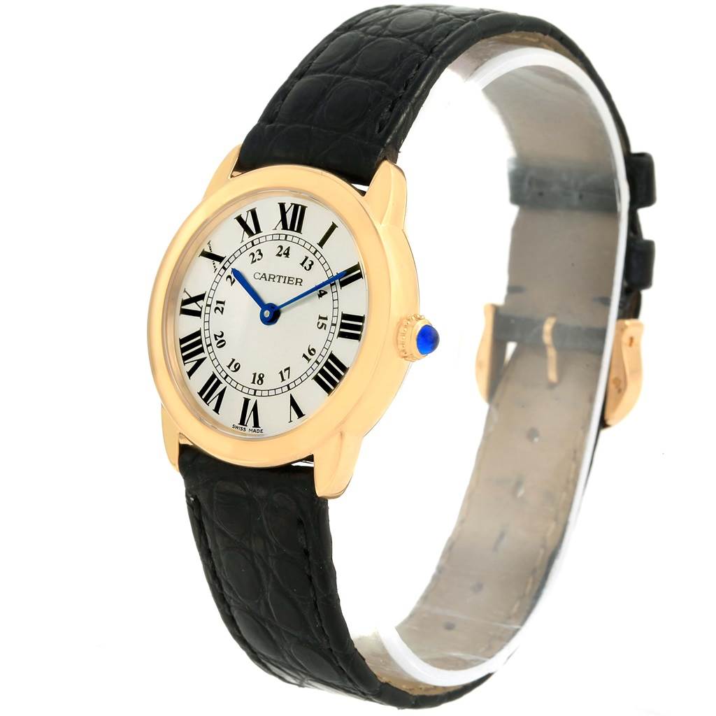 The image shows a Cartier Ronde W6700355 Women
s Steel and Gold (two tone) Silver Dial W6700355 Women
s Steel and Gold (two tone) Silver Dial model watch at a three-quarter angle, highlighting its face, strap, and side view with the crown.