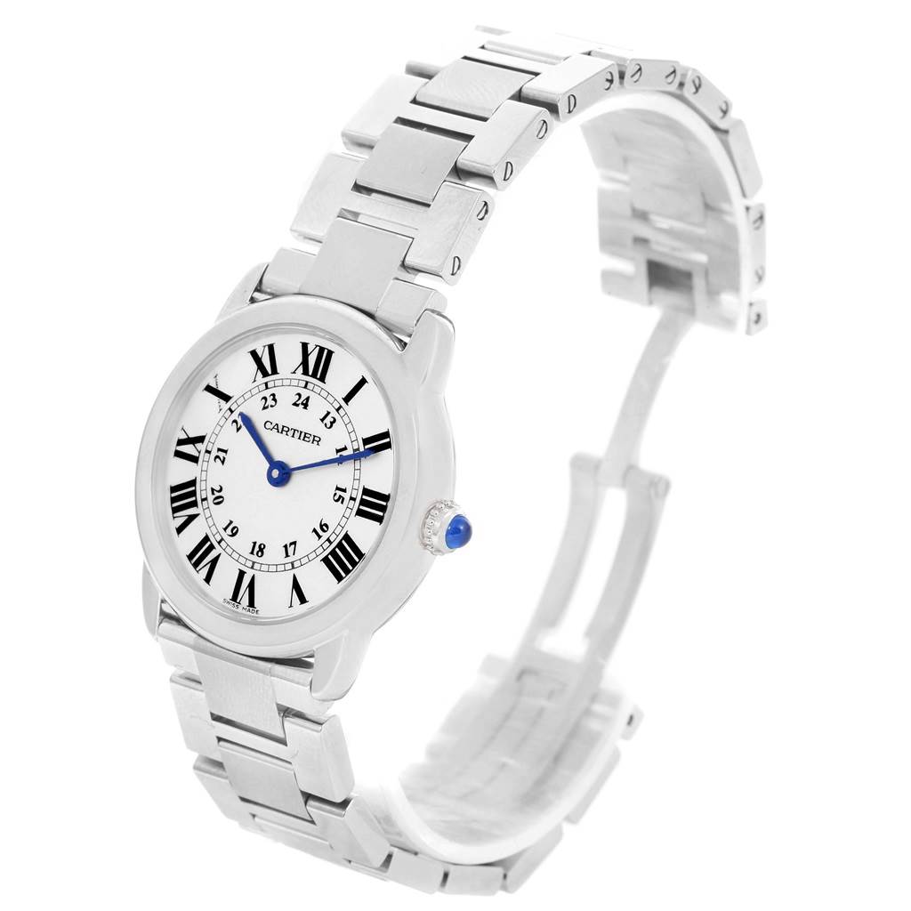 This image shows a side angle of the Cartier Ronde W6701004 Women
s Stainless Steel Silver Dial W6701004 Women
s Stainless Steel Silver Dial watch, highlighting the dial, bracelet, and partially open clasp.