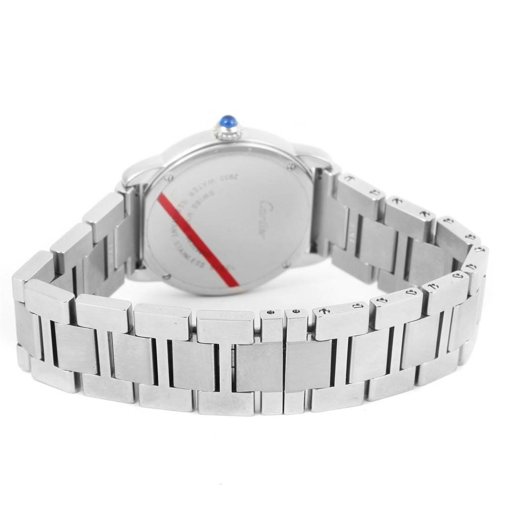 The image shows the back view of a Cartier Ronde W6701004 Women
s Stainless Steel Silver Dial W6701004 Women
s Stainless Steel Silver Dial watch with its linked metal bracelet fully visible.