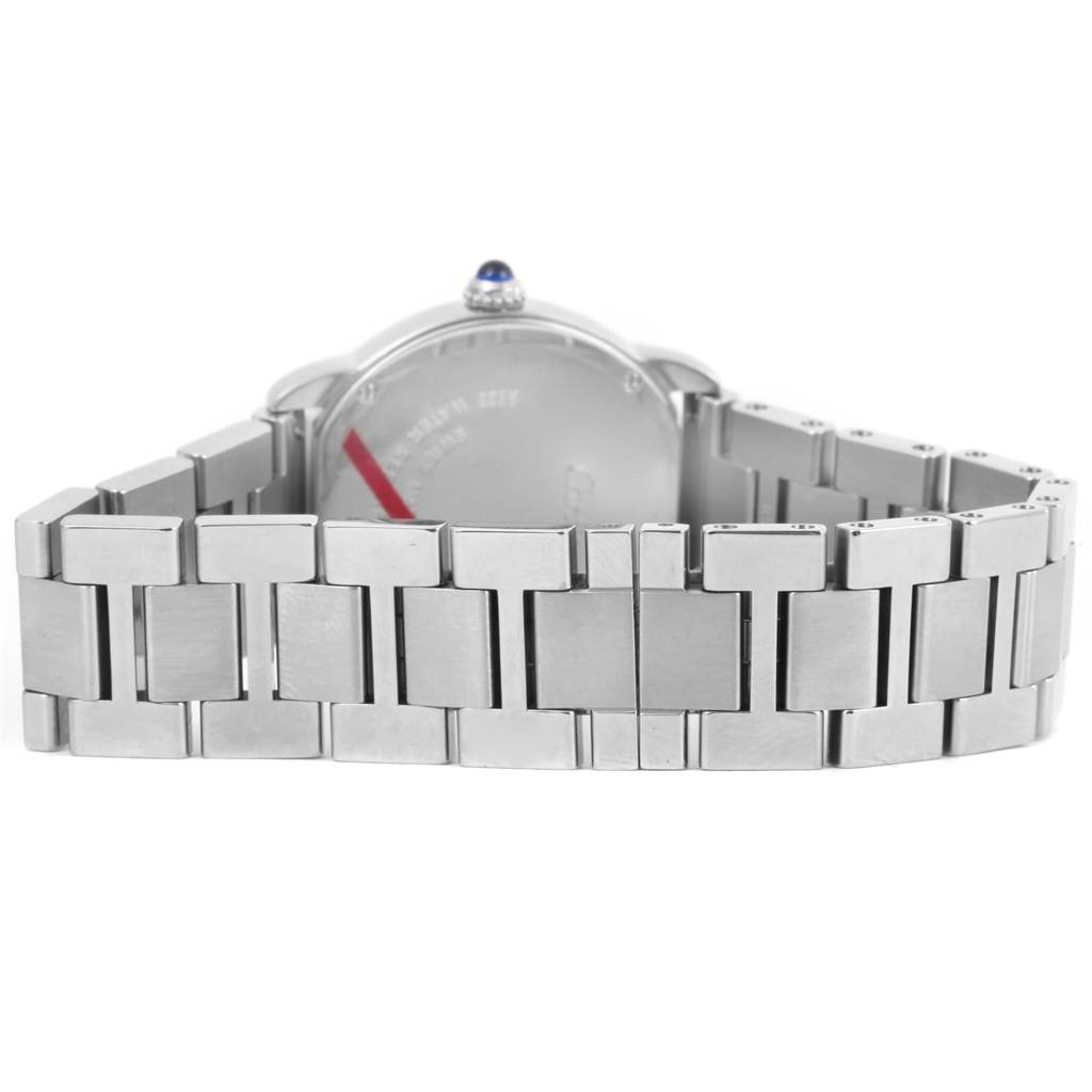This image shows the back view of a Cartier Ronde W6701004 Women
s Stainless Steel Silver Dial W6701004 Women
s Stainless Steel Silver Dial watch, displaying its bracelet and the rear casing with a blue cabochon crown.