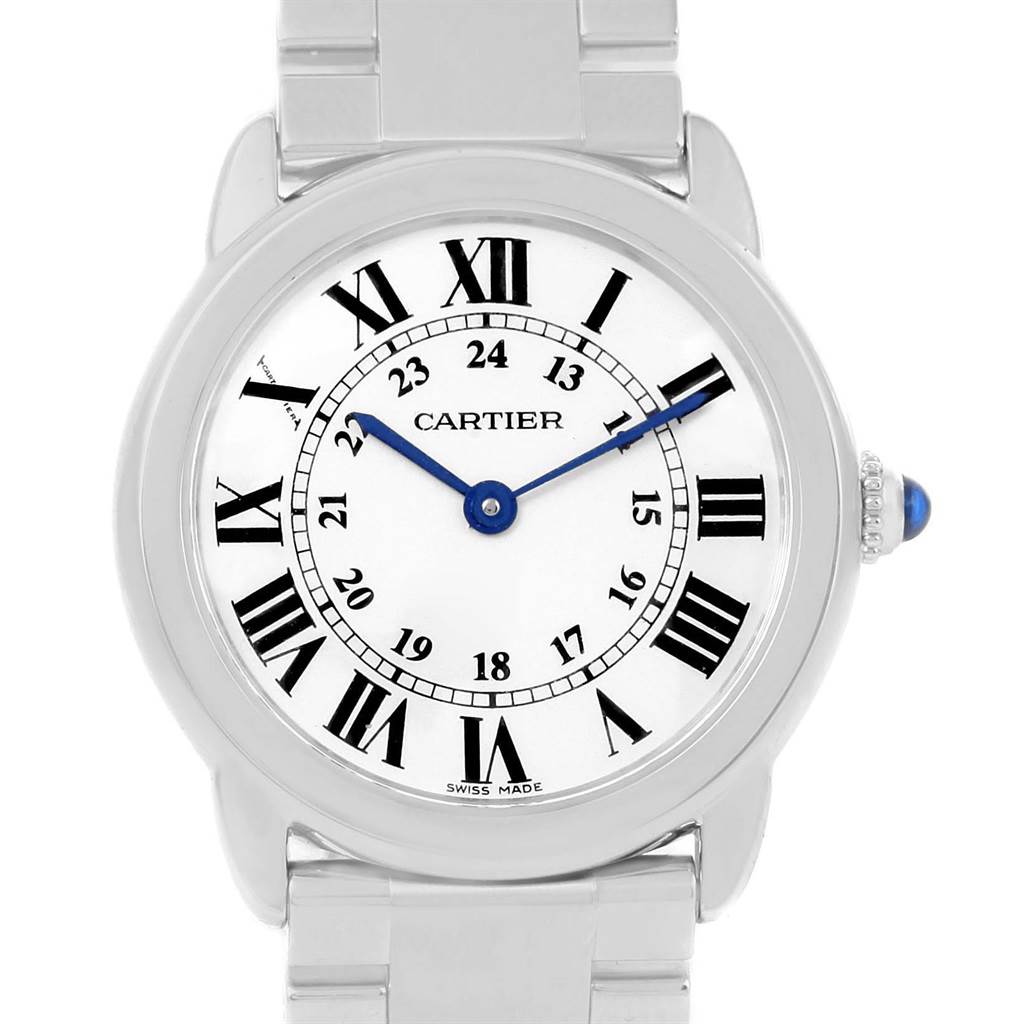 This image shows a front view of the Cartier Ronde W6701004 Women
s Stainless Steel Silver Dial W6701004 Women
s Stainless Steel Silver Dial watch, highlighting its dial, hands, and part of the bracelet.