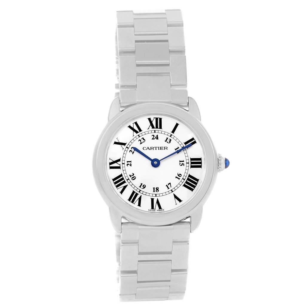 The image shows a front view of the Cartier Ronde W6701004 Women
s Stainless Steel Silver Dial W6701004 Women
s Stainless Steel Silver Dial model watch, displaying its face and metal strap.