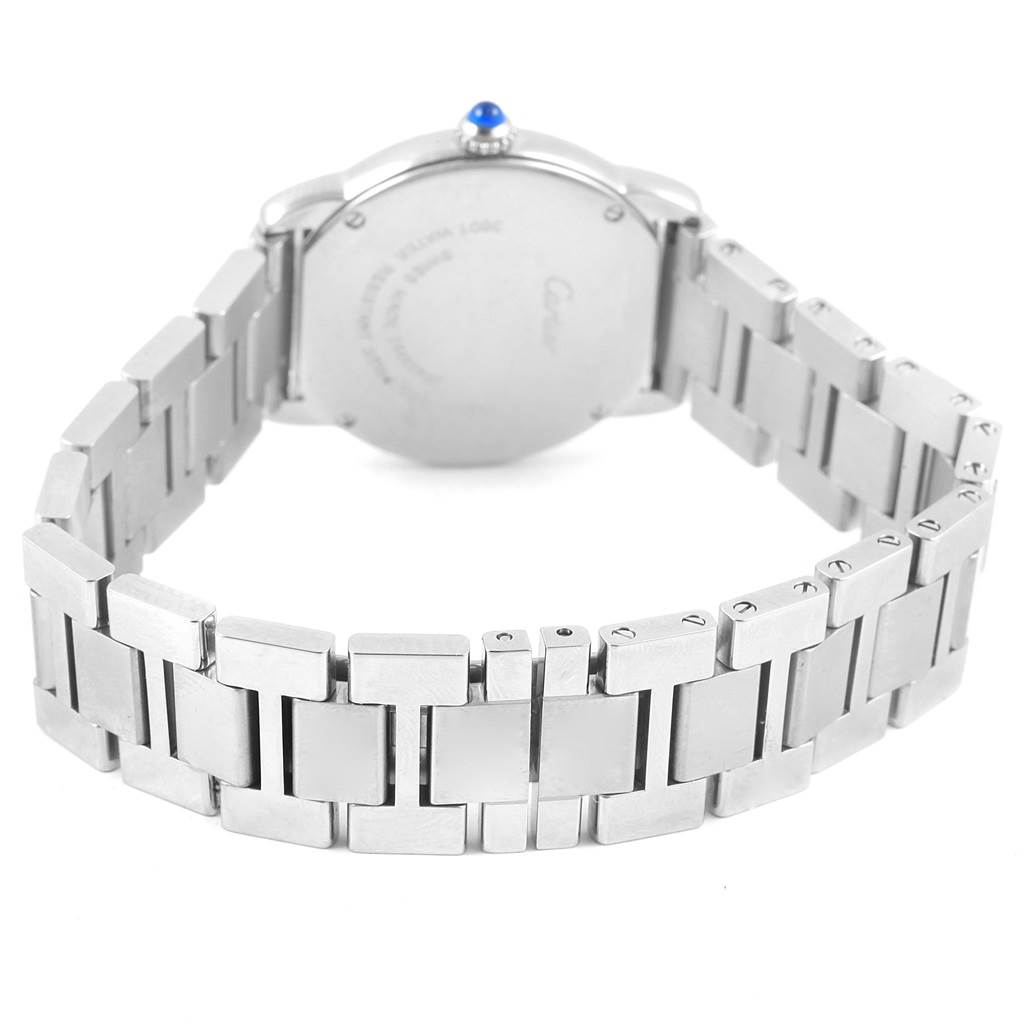 The image shows the back and bracelet of the Cartier Ronde W6701004 Women
s Stainless Steel Silver Dial W6701004 Women
s Stainless Steel Silver Dial watch, emphasizing its metal links and clasp.
