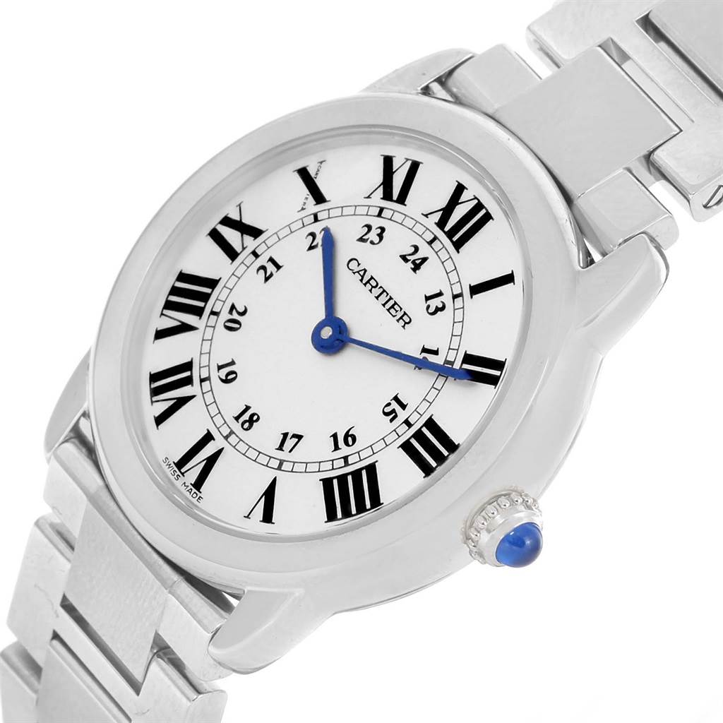 The image shows a close-up angle of a Cartier Ronde W6701004 Women
s Stainless Steel Silver Dial W6701004 Women
s Stainless Steel Silver Dial model watch, focusing on the dial, crown, and part of the bracelet.