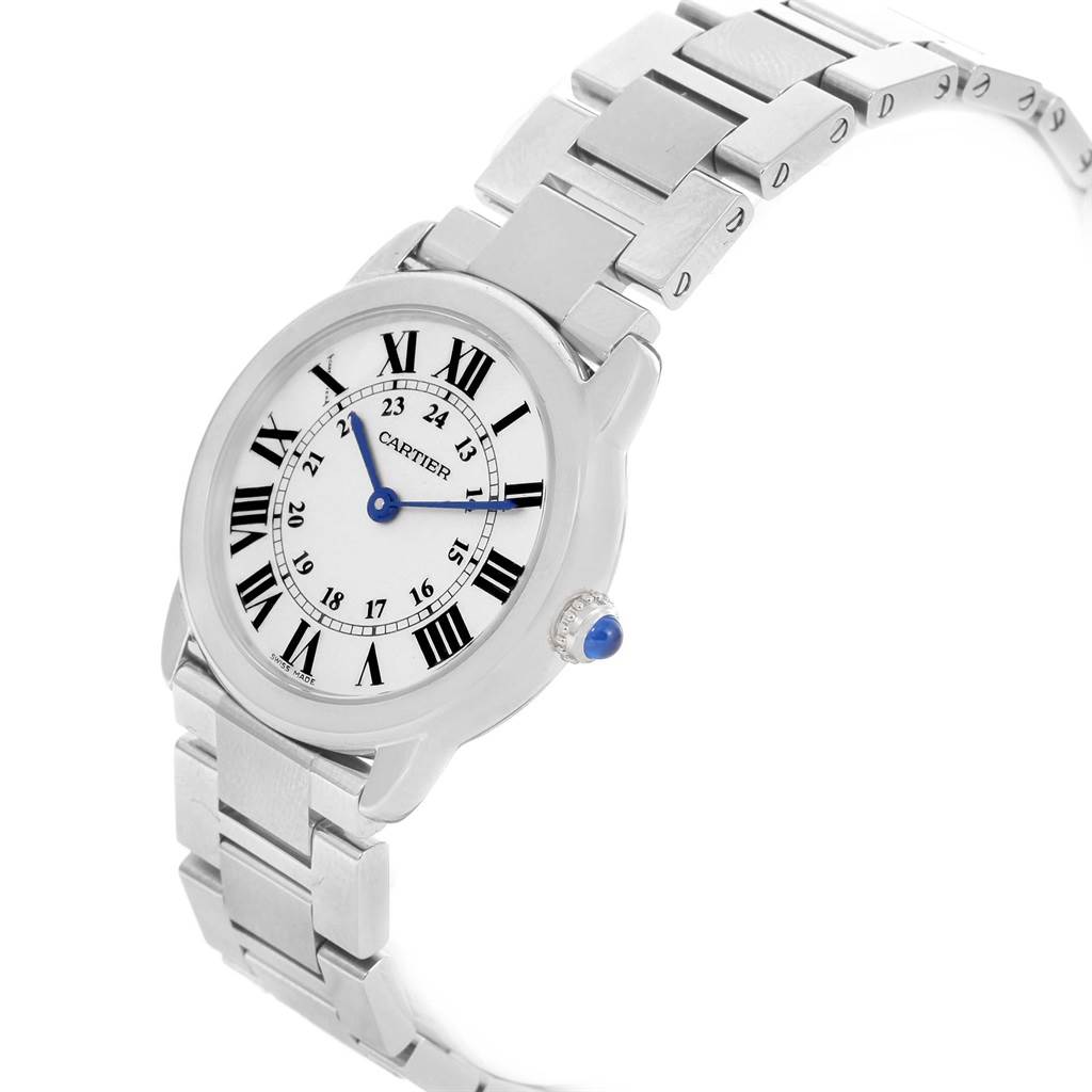 The image shows a Cartier Ronde W6701004 Women
s Stainless Steel Silver Dial W6701004 Women
s Stainless Steel Silver Dial watch from a side angle, displaying the face, bezel, crown, and part of the bracelet.