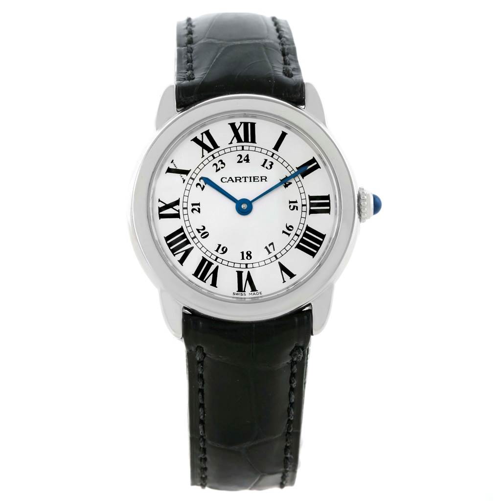 The image shows a front view of the Cartier Ronde W6700155 Women's Stainless Steel Silver Dial W6700155 Women's Stainless Steel Silver Dial watch, displaying its face, black strap, and blue crown.
