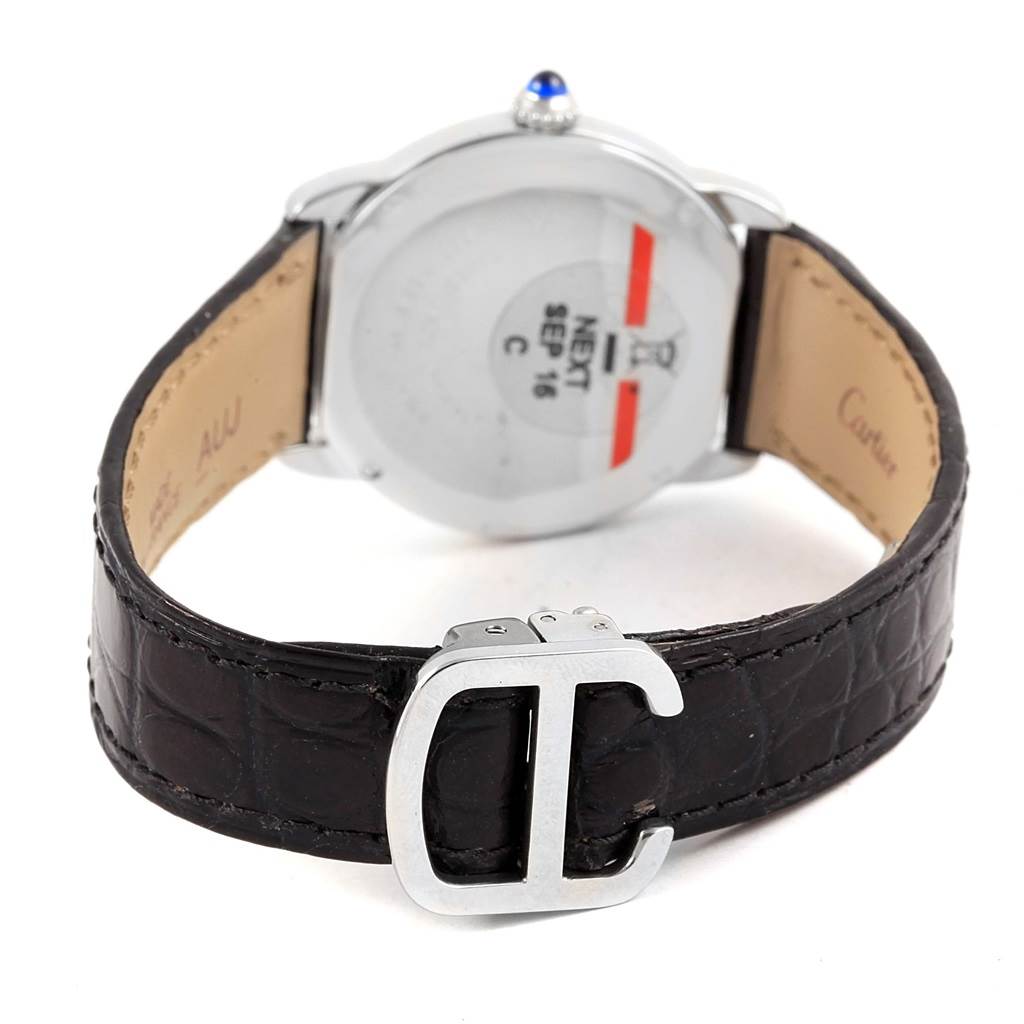 This image shows the back of the Cartier Ronde W6700155 Women's Stainless Steel Silver Dial W6700155 Women's Stainless Steel Silver Dial watch, including the leather strap and buckle.