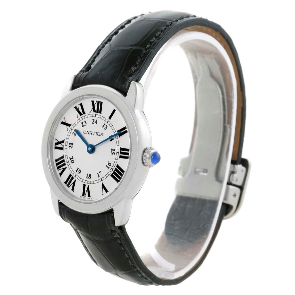 The Cartier Ronde W6700155 Women's Stainless Steel Silver Dial W6700155 Women's Stainless Steel Silver Dial watch is shown at a three-quarter angle, displaying its face, crown, and black leather strap.