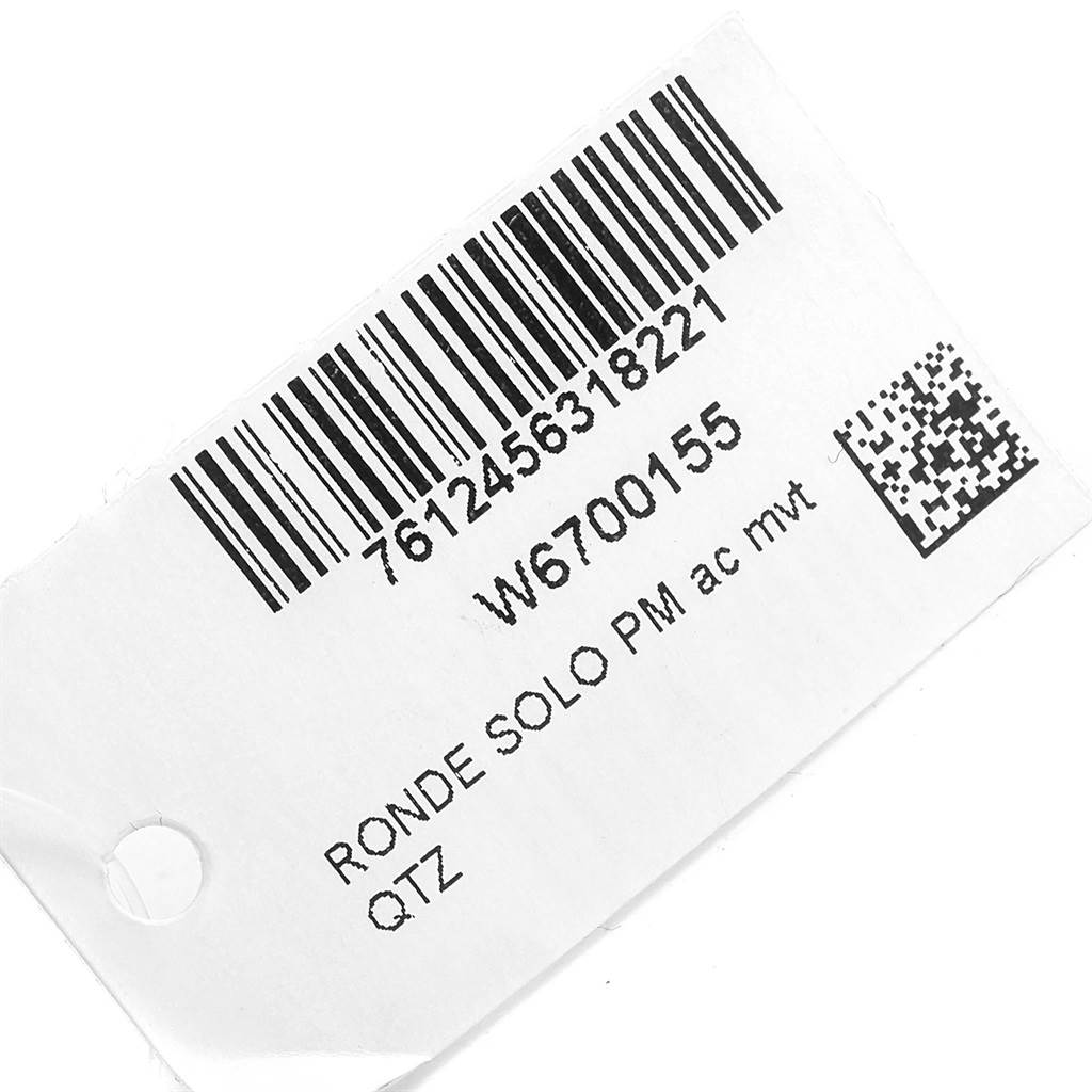 The image shows the tag for a Cartier Ronde W6700155 Women's Stainless Steel Silver Dial W6700155 Women's Stainless Steel Silver Dial Solo model watch, displaying its barcode, model number, and other details.