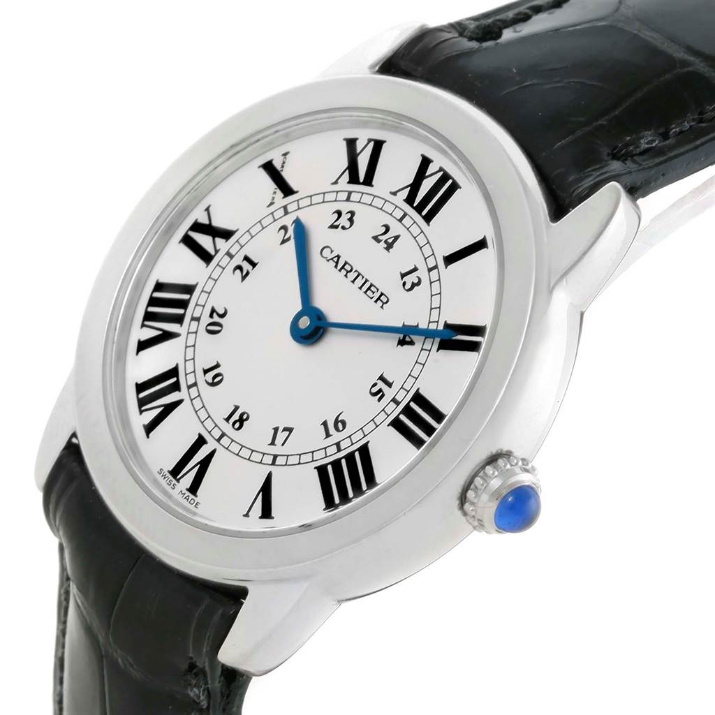 The Cartier Ronde W6700155 Women's Stainless Steel Silver Dial W6700155 Women's Stainless Steel Silver Dial model watch is shown at a slight angle, highlighting the watch face, Roman numerals, hour and minute hands, crown, and strap.