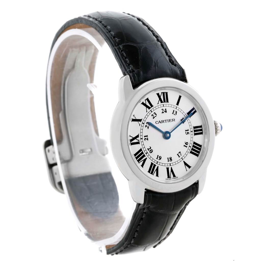 This image shows a front angle view of the Cartier Ronde W6700155 Women's Stainless Steel Silver Dial W6700155 Women's Stainless Steel Silver Dial watch, highlighting its face, Roman numerals, and black leather strap.
