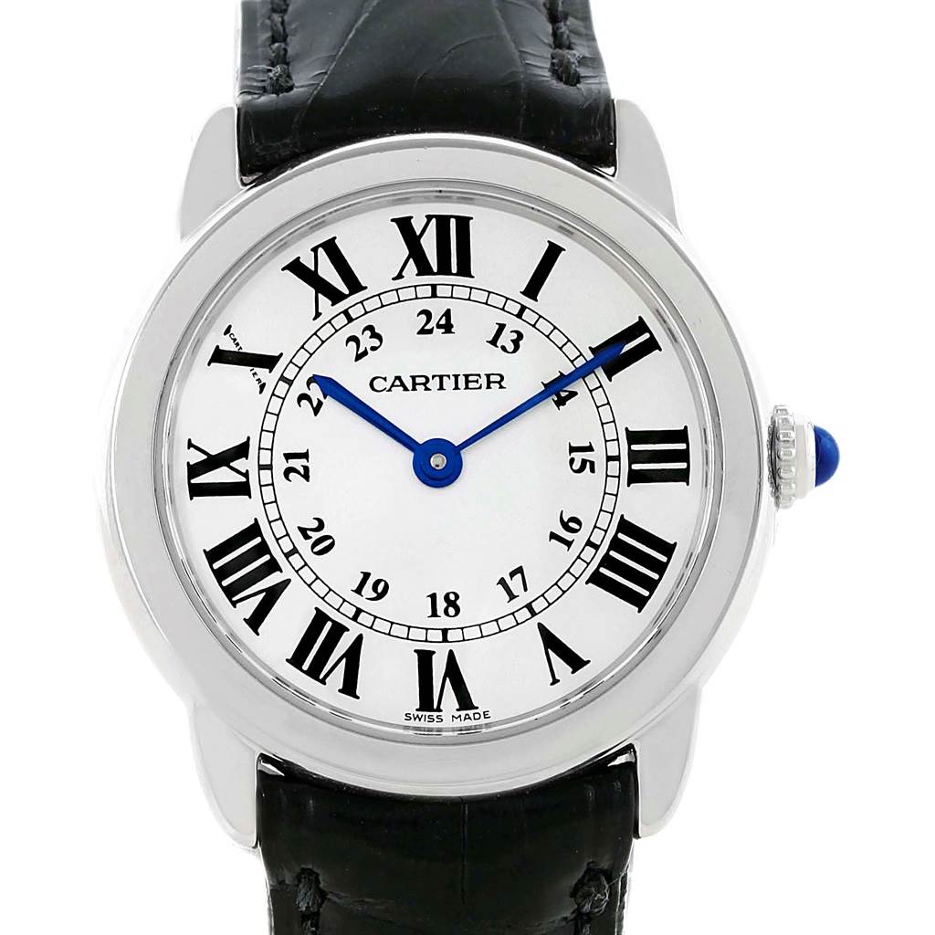 The image shows a front view of the Cartier Ronde W6700155 Women's Stainless Steel Silver Dial W6700155 Women's Stainless Steel Silver Dial watch, displaying its face, hands, leather strap, and crown.