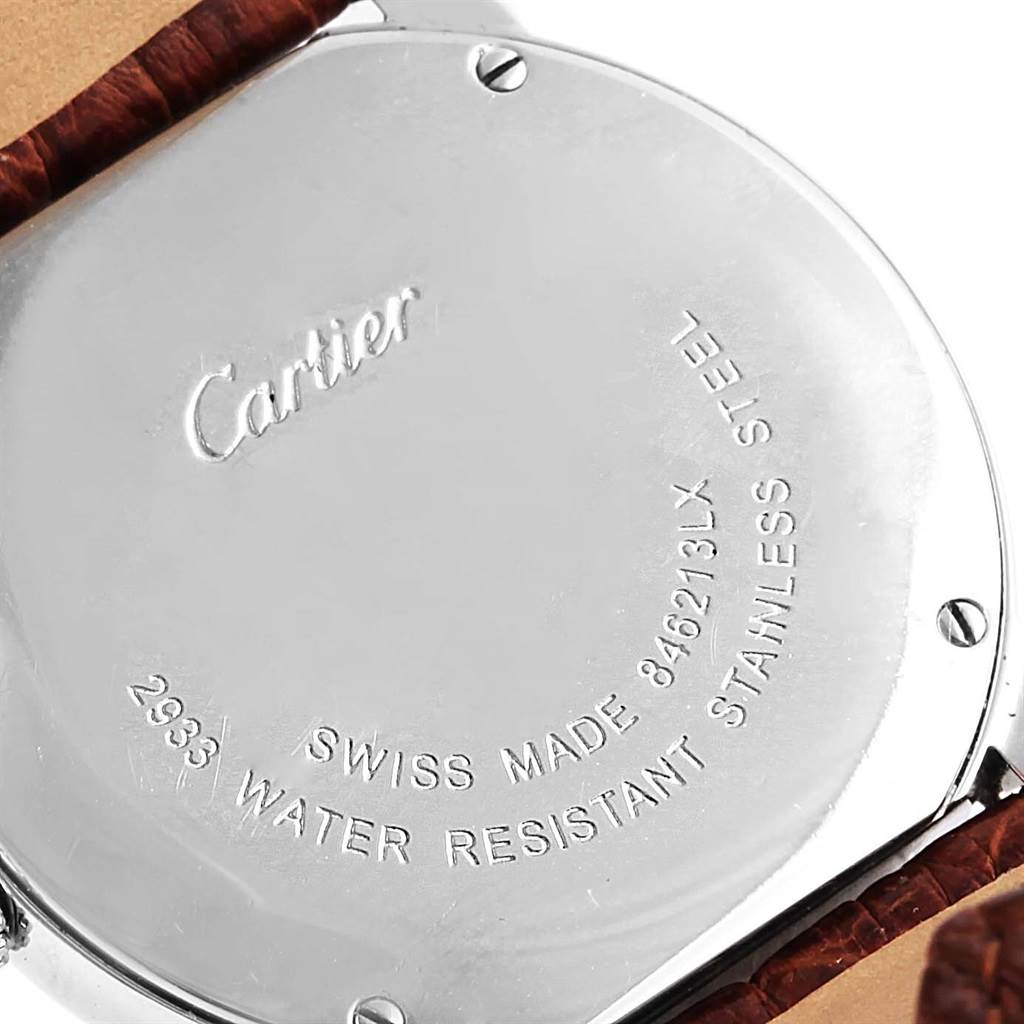 This image shows the stainless steel back cover of a Cartier Ronde W6700155 Women
s Stainless Steel Silver Dial W6700155 Women
s Stainless Steel Silver Dial watch, including its engraved details.