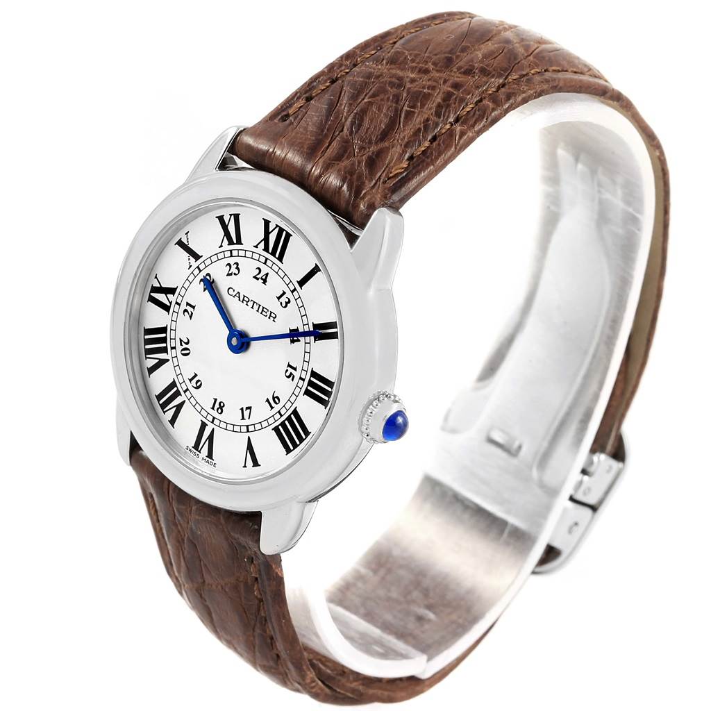 The image shows a Cartier Ronde W6700155 Women
s Stainless Steel Silver Dial W6700155 Women
s Stainless Steel Silver Dial model watch at an oblique angle, highlighting the dial, case, crown, and leather strap.