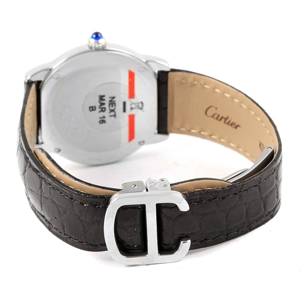 The image shows the back of a Cartier Ronde W6700155 Women's Stainless Steel Silver Dial W6700155 Women's Stainless Steel Silver Dial watch, highlighting the leather strap, clasp, and part of the case.