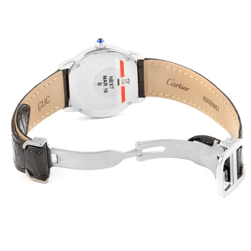 The image shows the back view of a Cartier Ronde W6700155 Women's Stainless Steel Silver Dial W6700155 Women's Stainless Steel Silver Dial watch, displaying its leather strap, clasp, and case back.