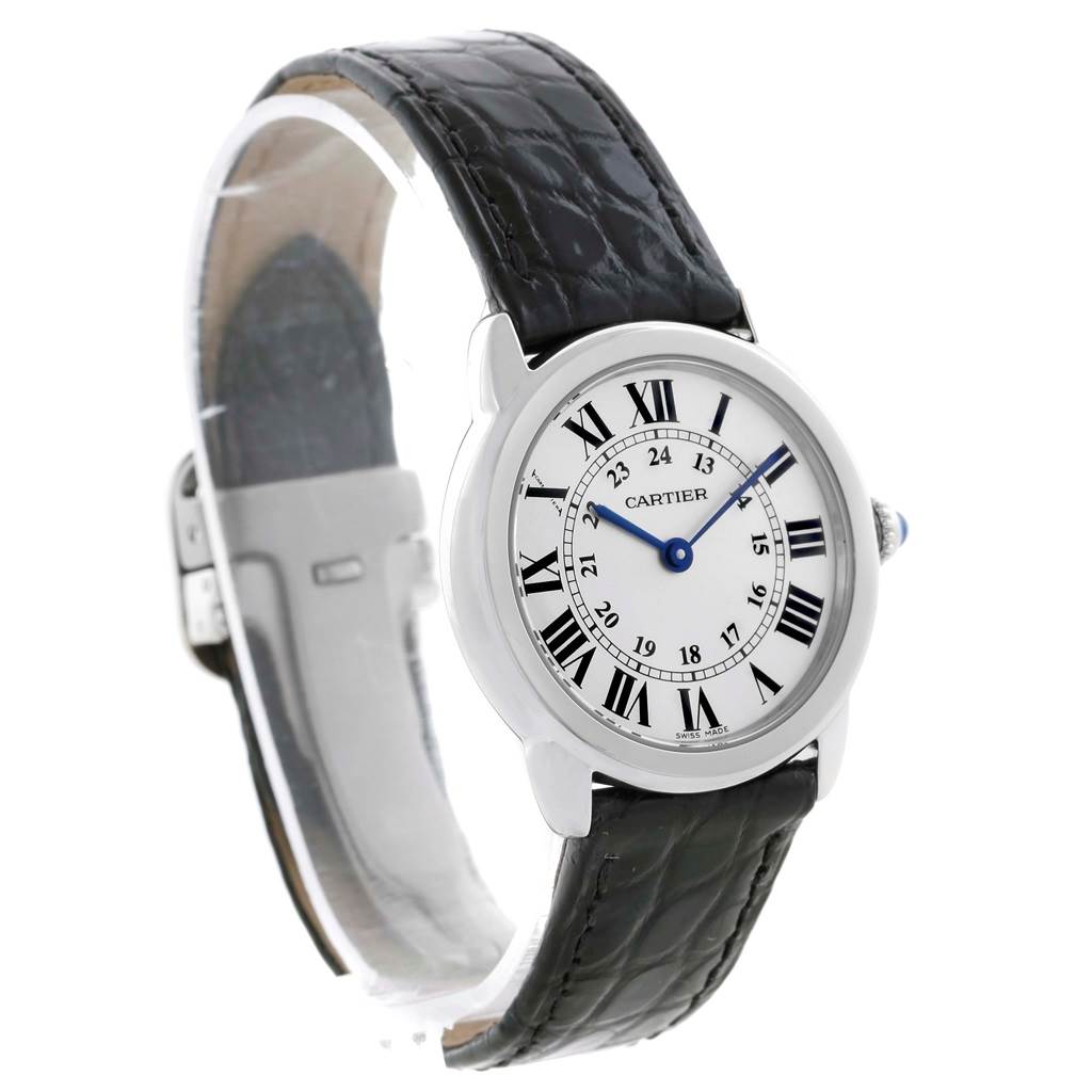 The image shows a Cartier Ronde W6700155 Women's Stainless Steel Silver Dial W6700155 Women's Stainless Steel Silver Dial watch from a front-left angle, highlighting the dial and black leather strap.