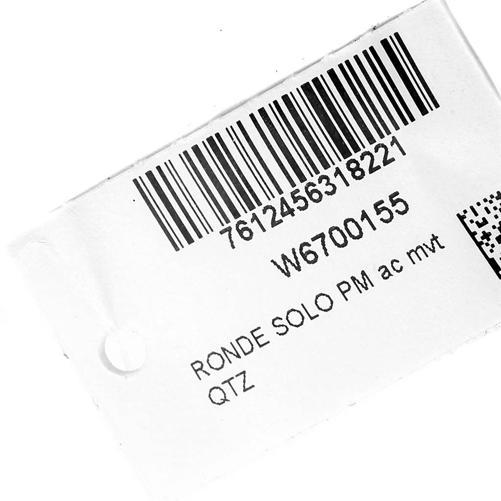 The image shows a label for a Cartier Ronde W6700155 Women's Stainless Steel Silver Dial W6700155 Women's Stainless Steel Silver Dial model watch, including a barcode and model number W6700155.