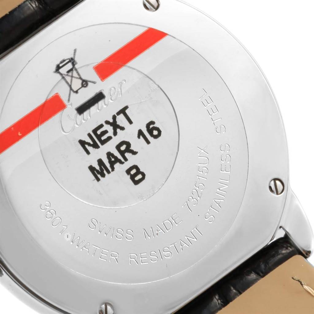 The image shows the back case of a Cartier Ronde W6700155 Women's Stainless Steel Silver Dial W6700155 Women's Stainless Steel Silver Dial model watch, highlighting the engraved markings and leather strap connection.