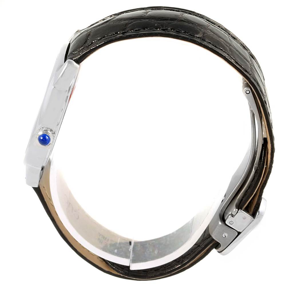 This image shows a side view of the Cartier Ronde W6700155 Women's Stainless Steel Silver Dial W6700155 Women's Stainless Steel Silver Dial watch with its black leather strap and metal clasp.