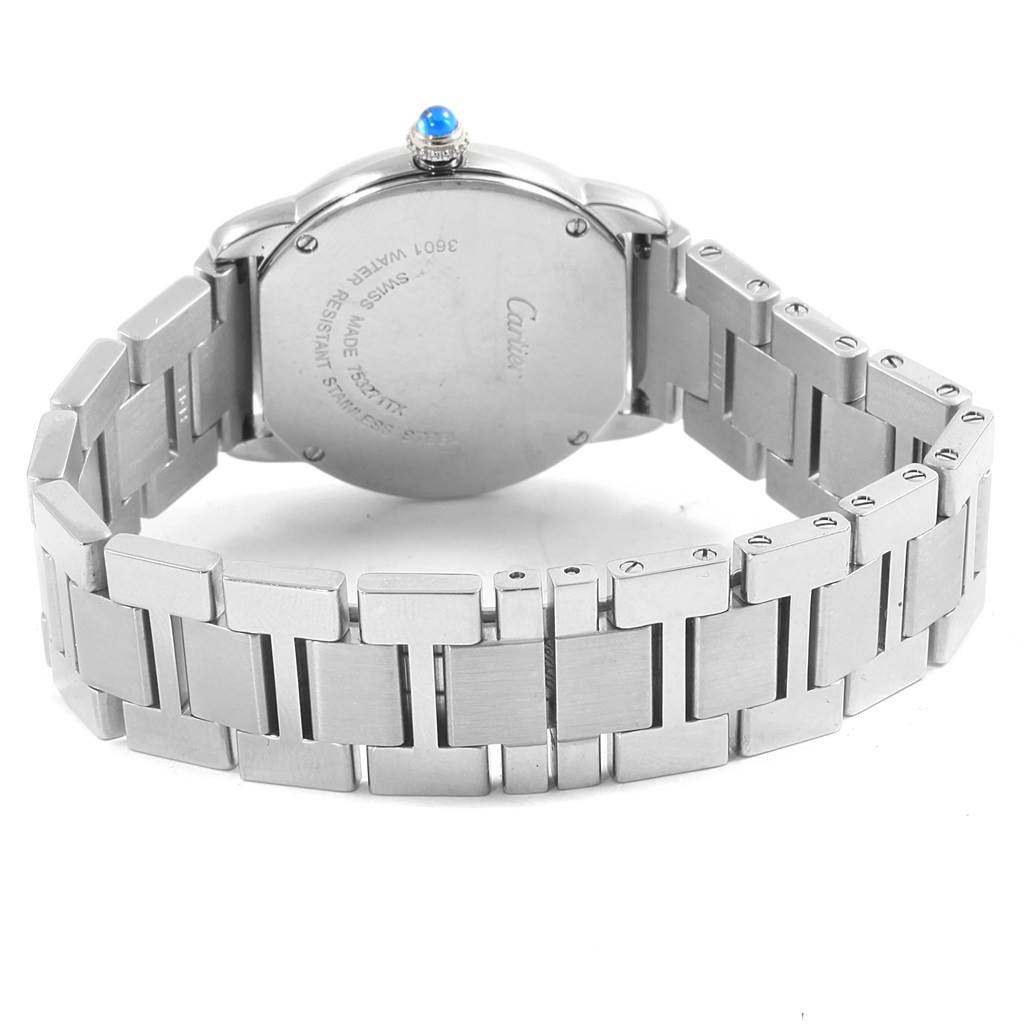 The image shows the backside and bracelet of the Cartier Ronde W6701004 Women's Stainless Steel Silver Dial W6701004 Women's Stainless Steel Silver Dial watch, displaying the stainless steel case and metal link band.