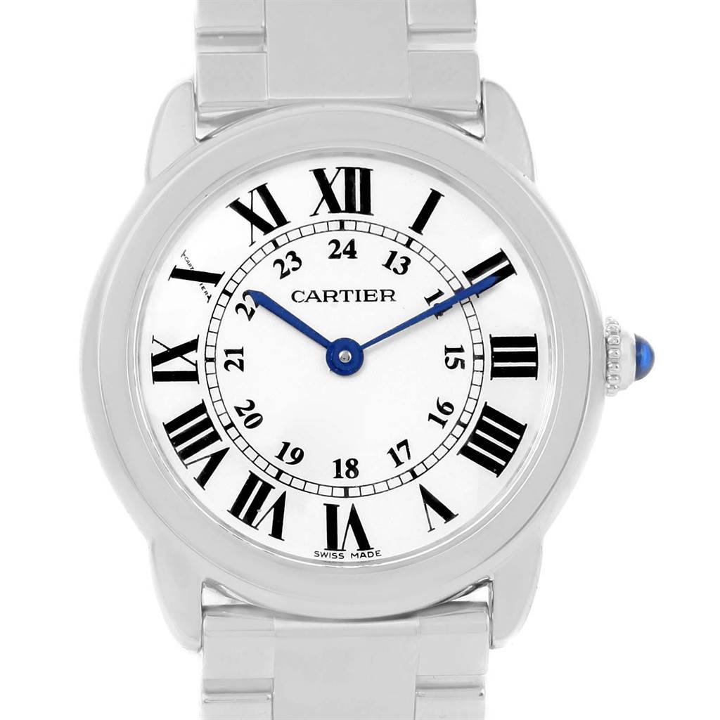The image shows a front view of a Cartier Ronde W6701004 Women's Stainless Steel Silver Dial W6701004 Women's Stainless Steel Silver Dial watch featuring Roman numerals, blue hands, and a metal bracelet.